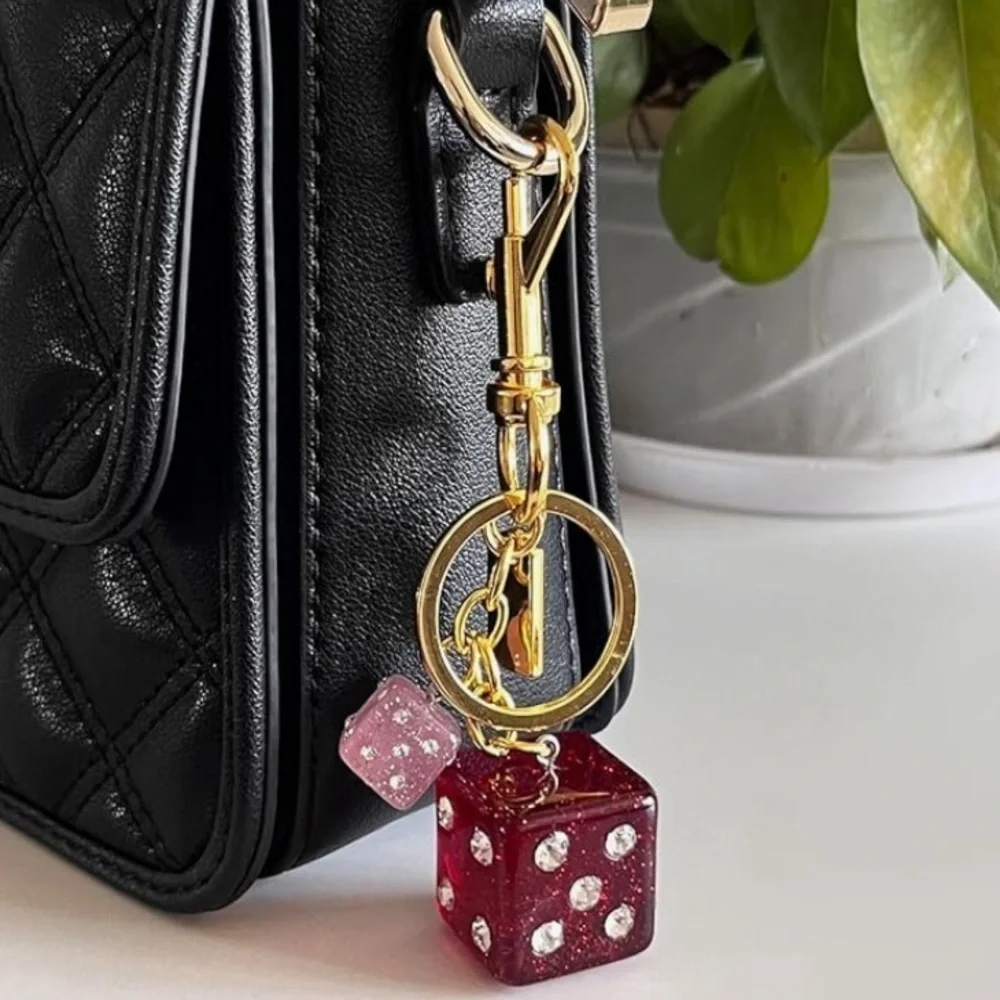Gold Pink Red Dice Charm with rhinestones purse charm keychain accessory for bag